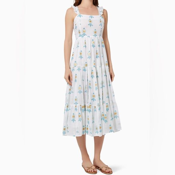 Oliphant Dresses & Skirts - Oliphant Leela White Blue Ruffle Cross Back Sleeveless Midi Dress. NEW. Small.